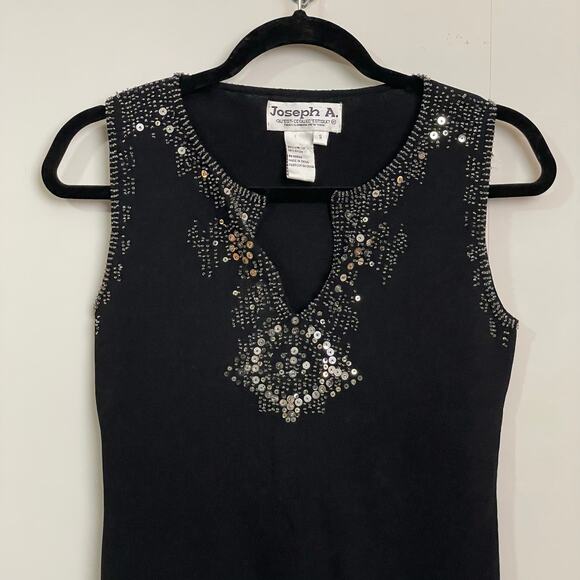 Vintage S 1990s tank top beaded sequin evening party cocktail black silver - Picture 2 of 7